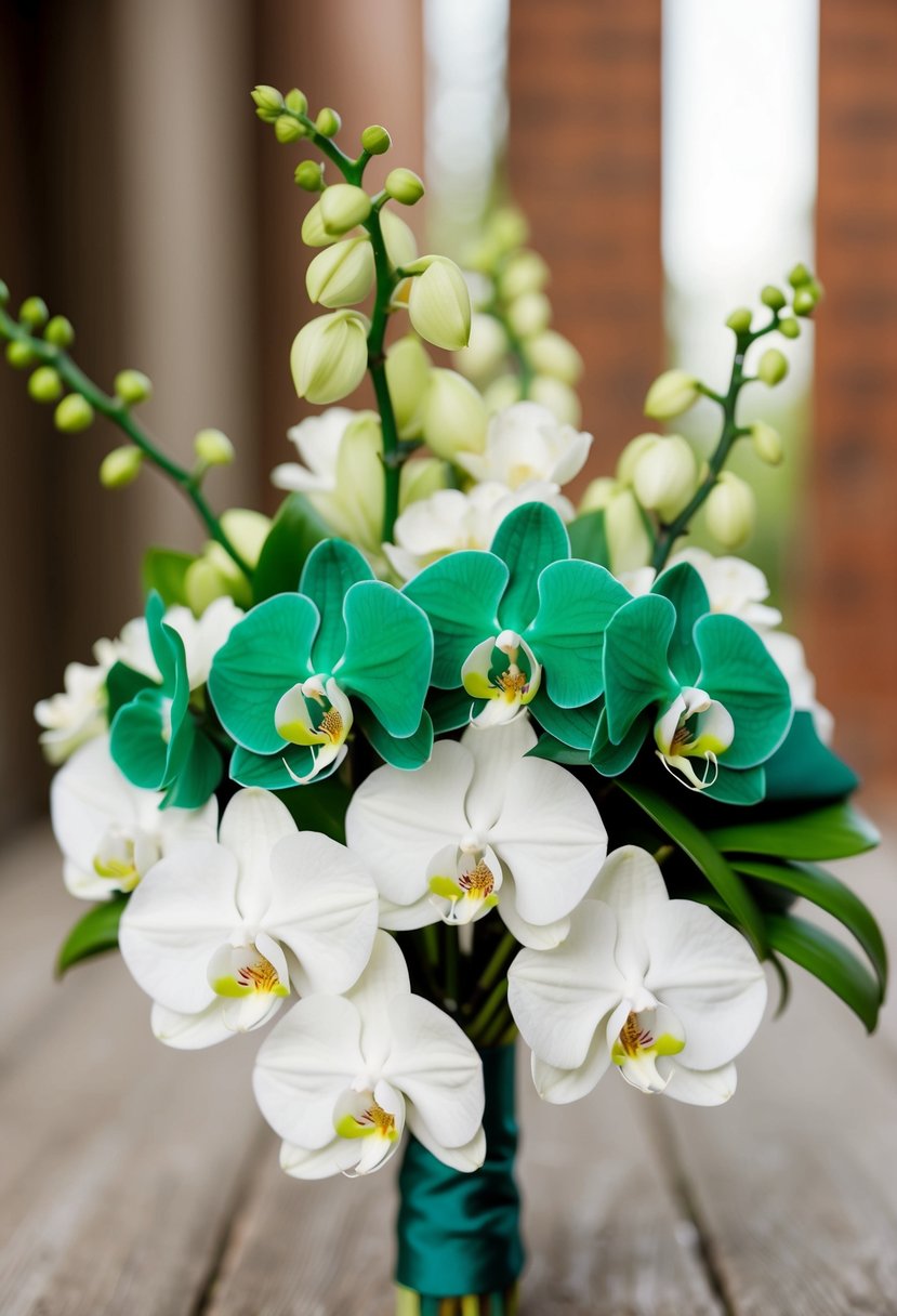 Emerald green accents with orchids in a wedding bouquet