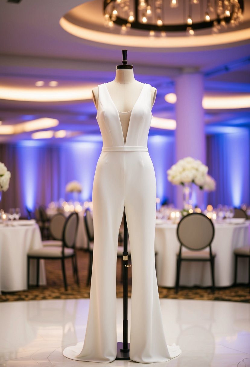 A sleek, modern bridal jumpsuit displayed on a minimalist mannequin in a chic reception venue with soft, romantic lighting