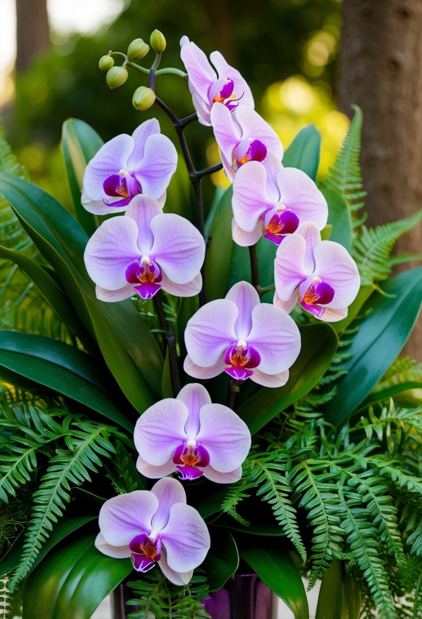 A vibrant orchid and fern bouquet, with delicate orchids cascading among lush greenery