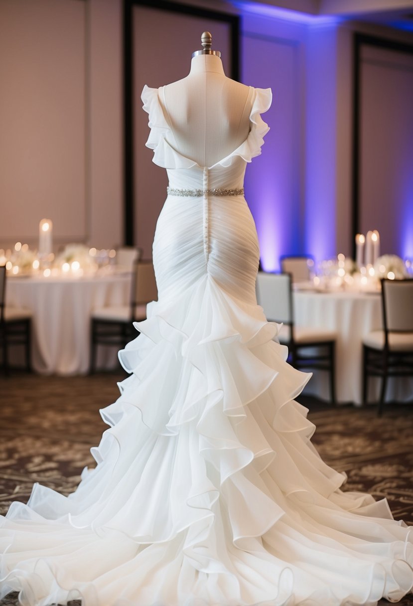 A flowing, ruffled wedding dress displayed on a mannequin in a softly lit, elegant reception setting