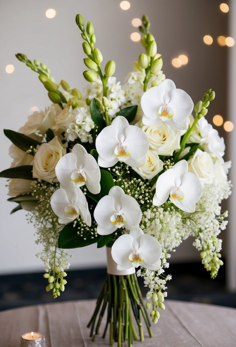 A lush bouquet of white orchids and gypsophila, elegantly arranged for a wedding celebration