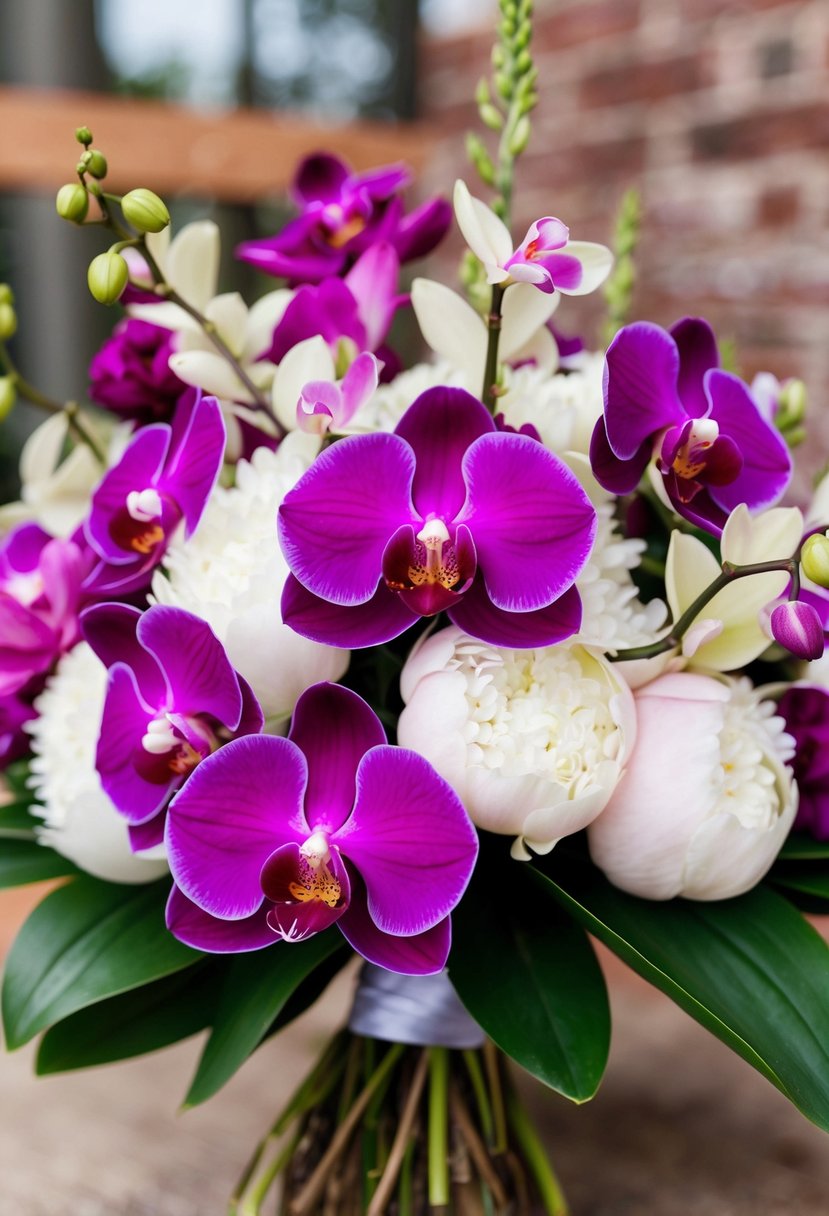 A vibrant wedding bouquet featuring bold orchid hues and peonies with delicate orchids intertwined