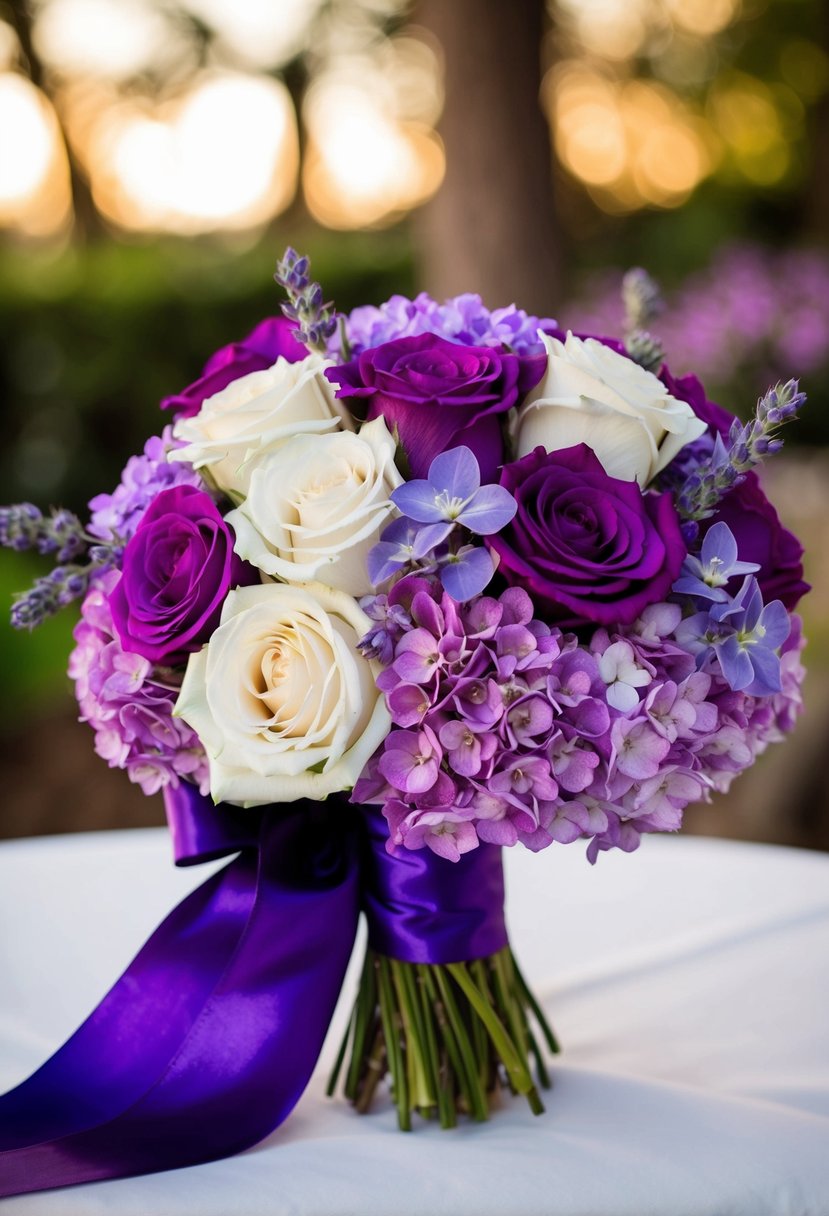 A vibrant purple wedding bouquet with roses, hydrangeas, and lavender, tied with a satin ribbon