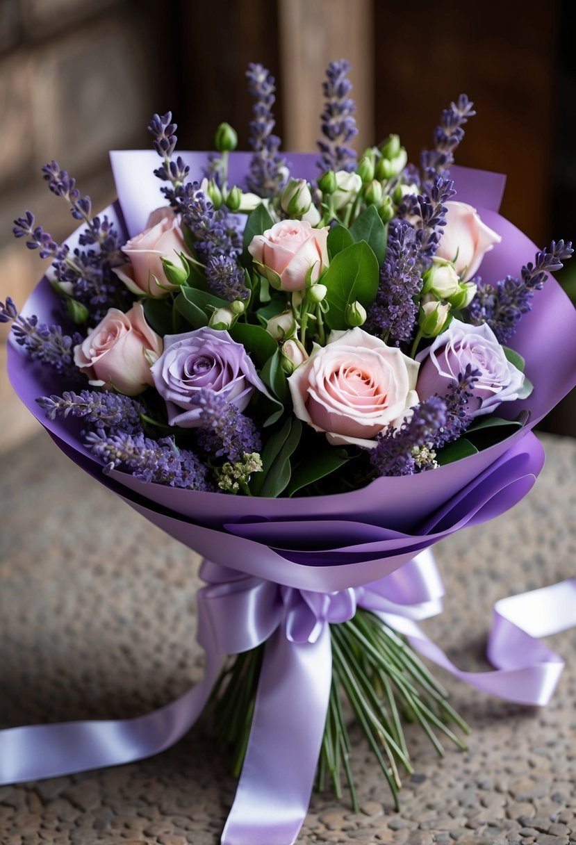 A lush bouquet of lavender and rose blooms, wrapped in satin ribbon