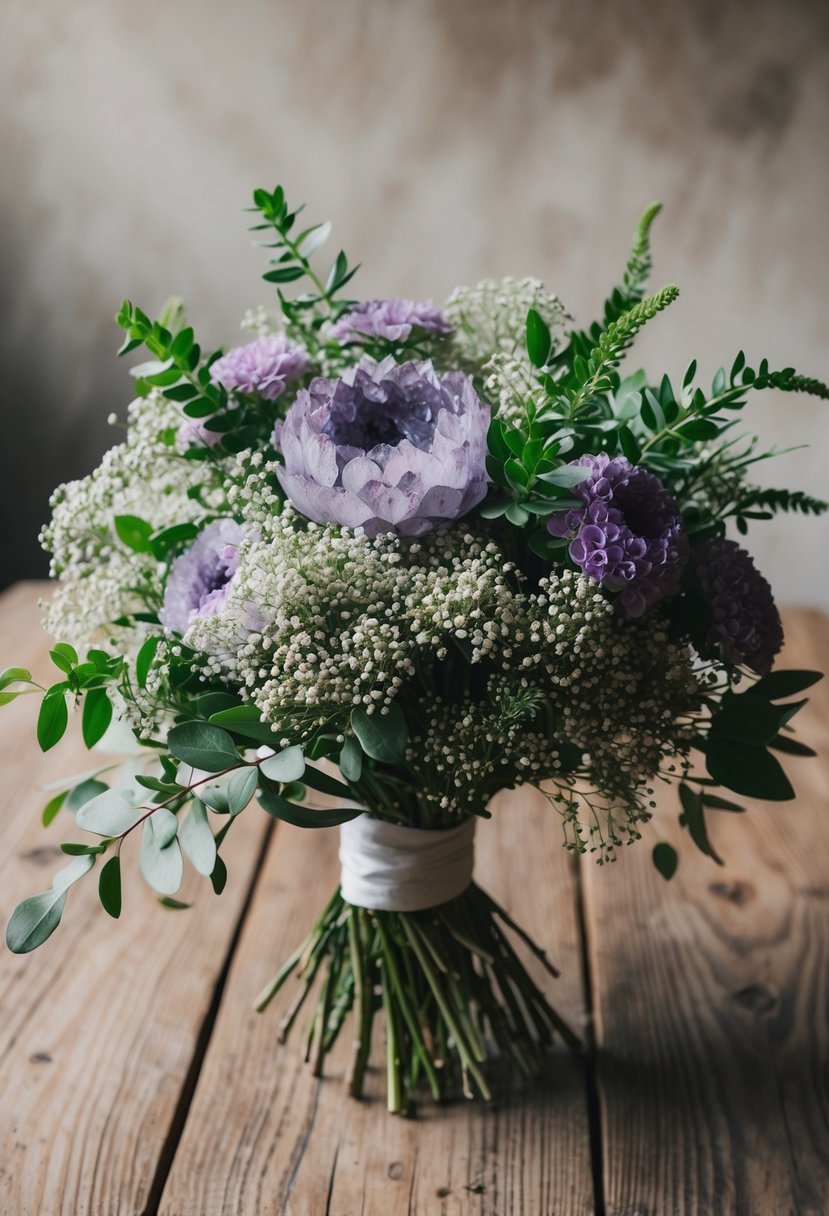 A lush bouquet of amethyst and baby's breath, interwoven with delicate greenery, sits atop a rustic wooden table