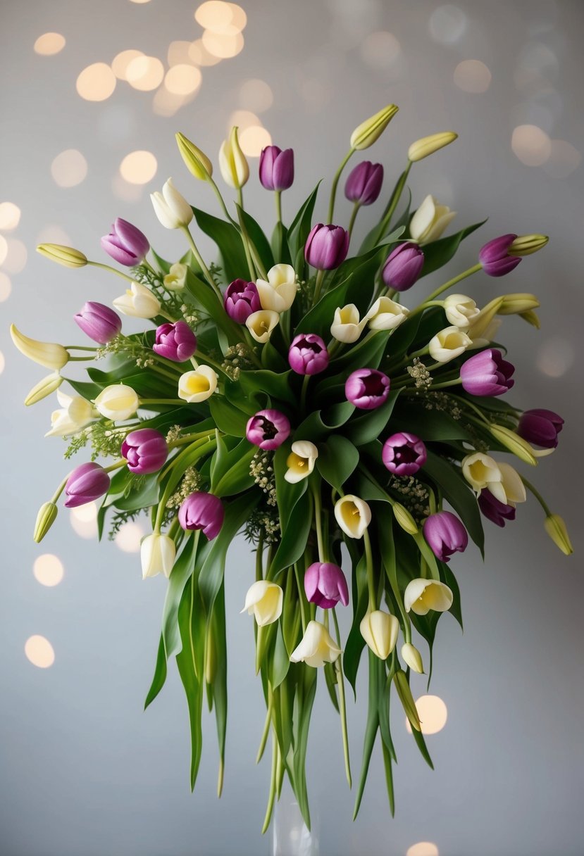 A lush bouquet of tulips and calla lilies arranged in a delicate, cascading design