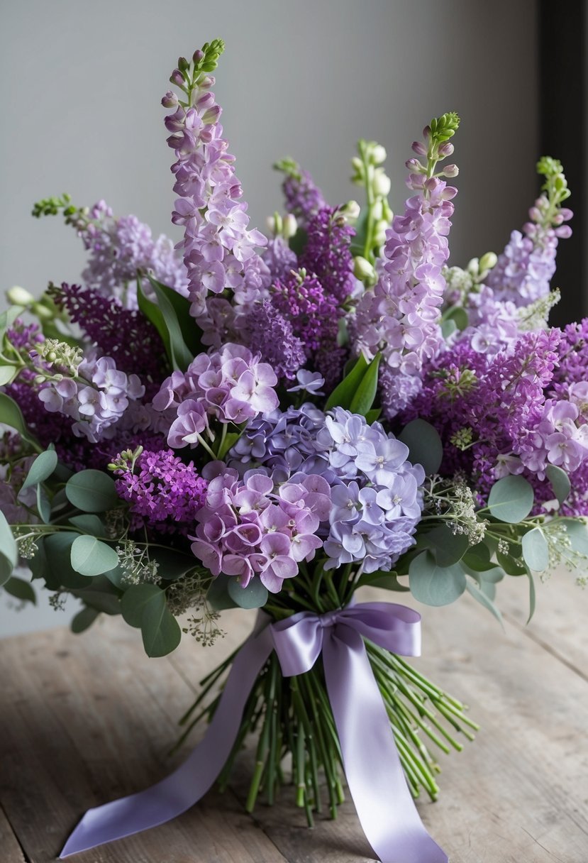 A lush bouquet of lilac and sweet pea flowers in shades of purple and lavender, accented with delicate greenery and tied with a satin ribbon