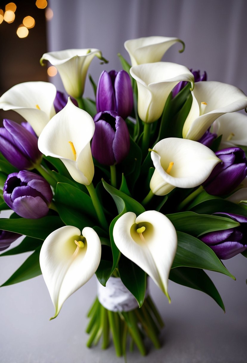 White calla lilies and purple tulips arranged in a wedding bouquet