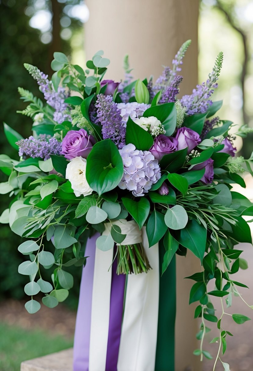 A lush purple and green wedding bouquet, featuring a harmonious blend of lavender, lilac, and emerald foliage, arranged in a cascading style