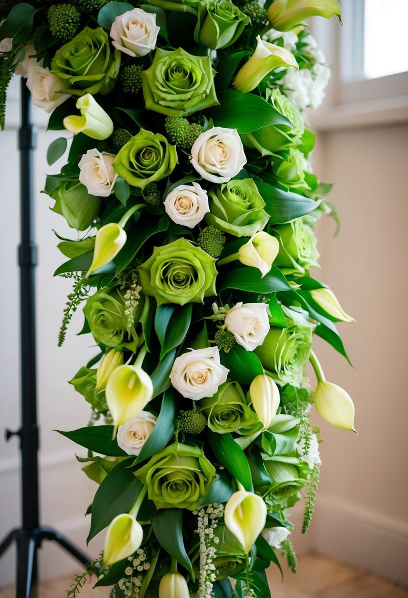 A lush, cascading arrangement of green roses, calla lilies, and tulips for a wedding bouquet