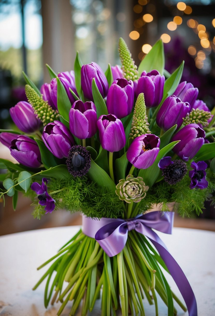 A vibrant bouquet of purple tulips and scabiosas intertwined with greenery and tied with a satin ribbon