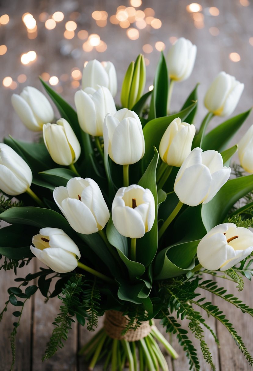 A rustic bouquet of white tulips and calla lilies with greenery