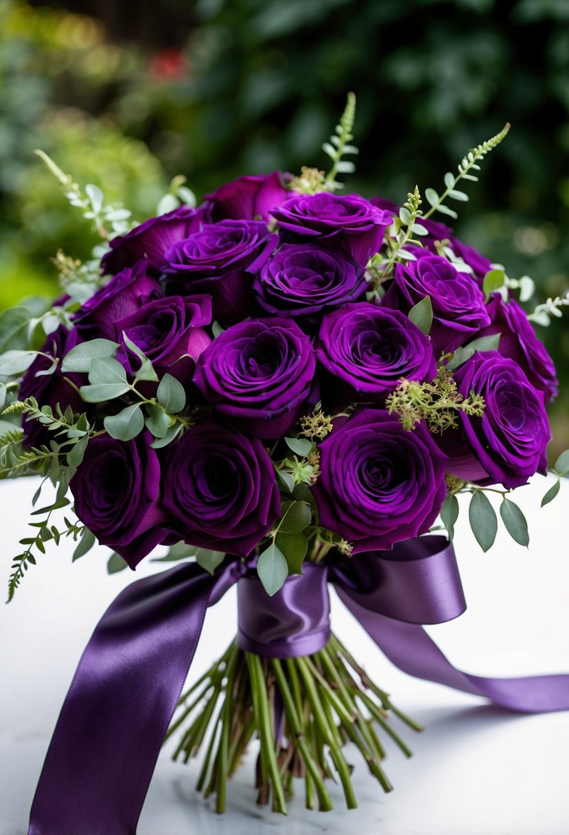 A lush bouquet of deep purple garden roses and delicate greenery, tied with a flowing satin ribbon