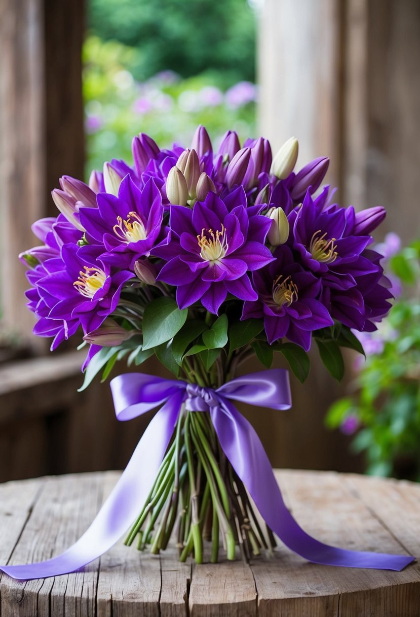 A vibrant bouquet of purple freesias and clematis, tied with a satin ribbon, sits on a rustic wooden table