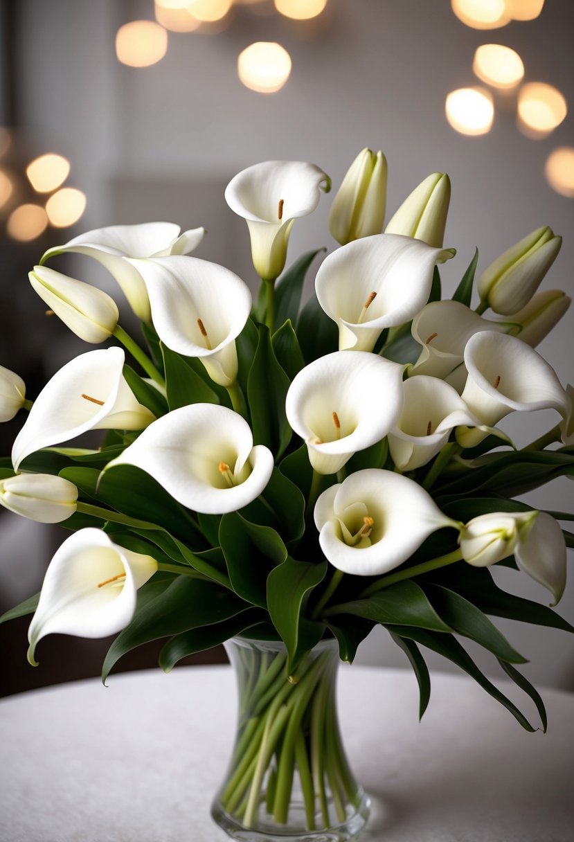 A stunning bouquet of white calla lilies and tulips arranged in an elegant and sophisticated manner