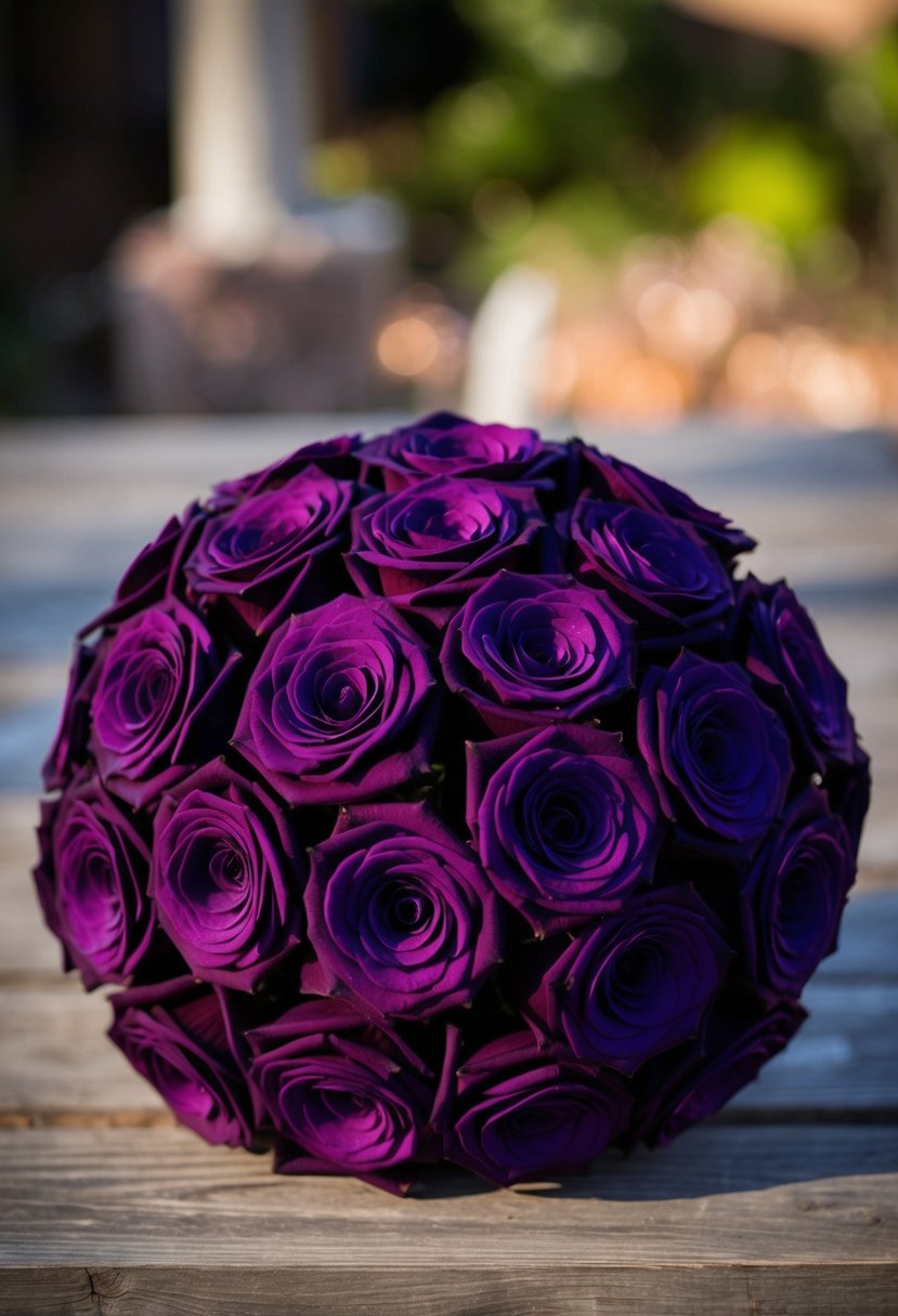 A deep plum wooden roses bouquet with purple accents