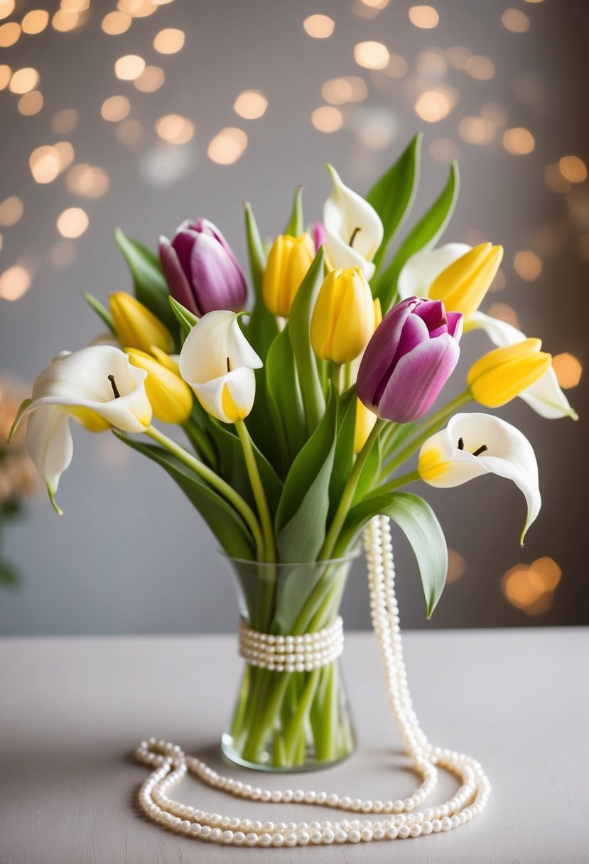 A petite bouquet of tulips and calla lilies adorned with a delicate pearl chain