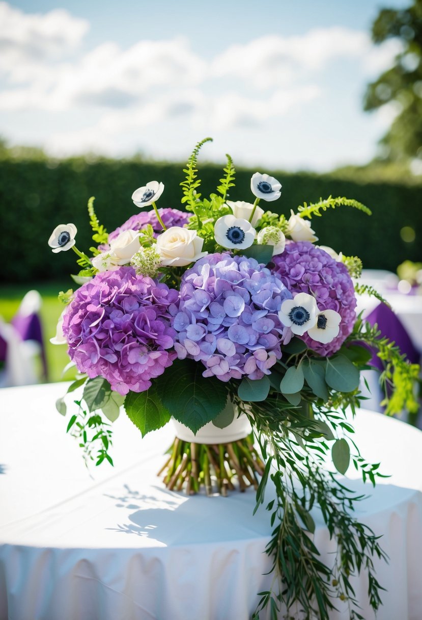 A lush bouquet of purple hydrangeas and anemones, accented with greenery, sits on a white tablecloth