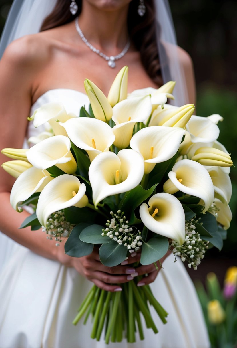 A bridal bouquet of cream and white calla lilies and tulips