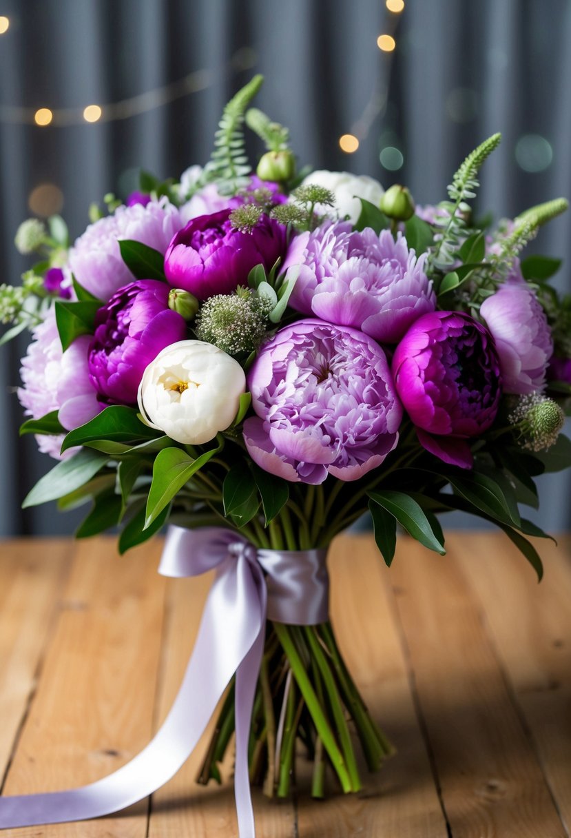 A lush bouquet of purple peonies and ranunculus, accented with greenery and tied with a satin ribbon