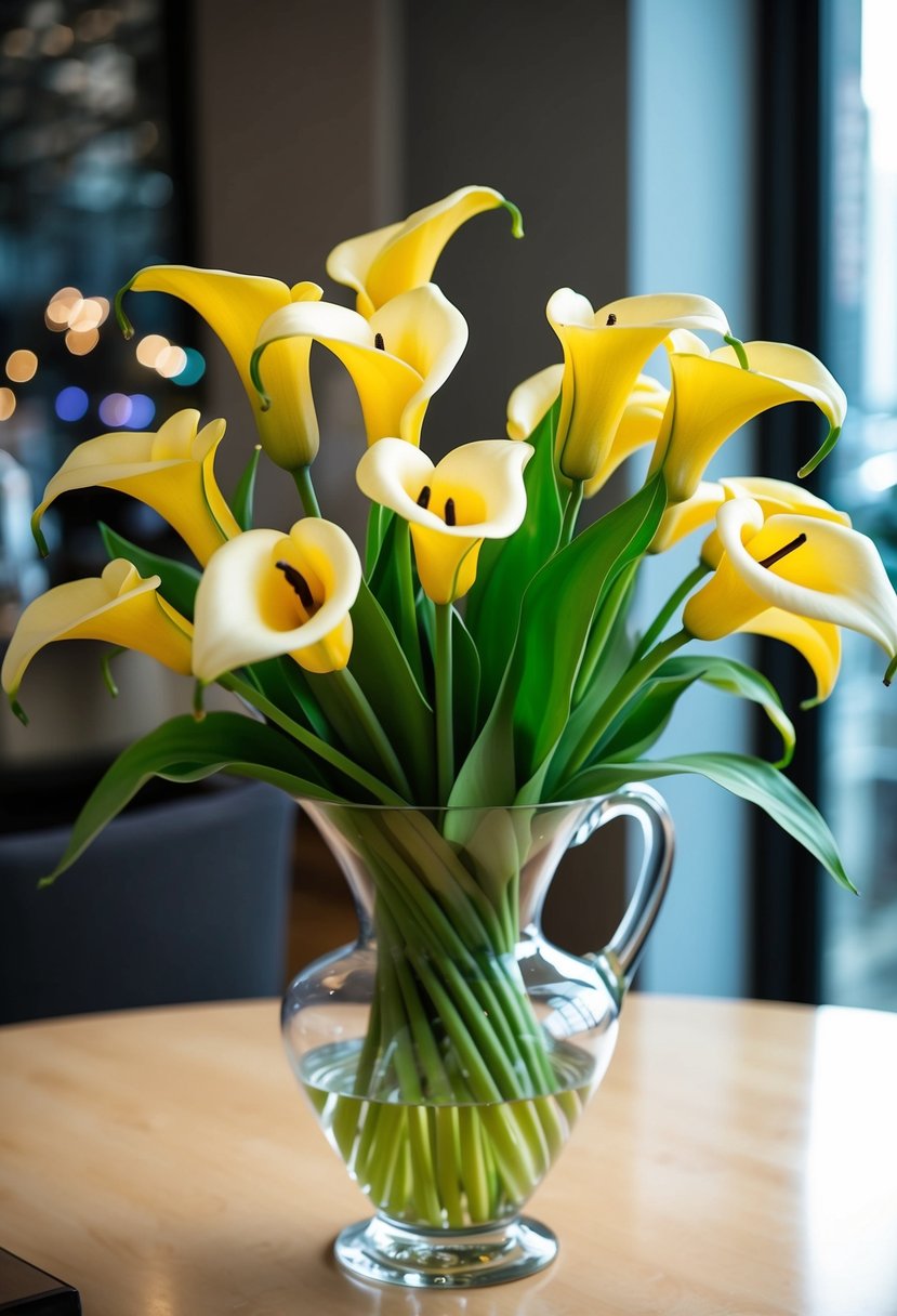 A bouquet of artificial silk calla lilies and tulips arranged in a glass vase on a table