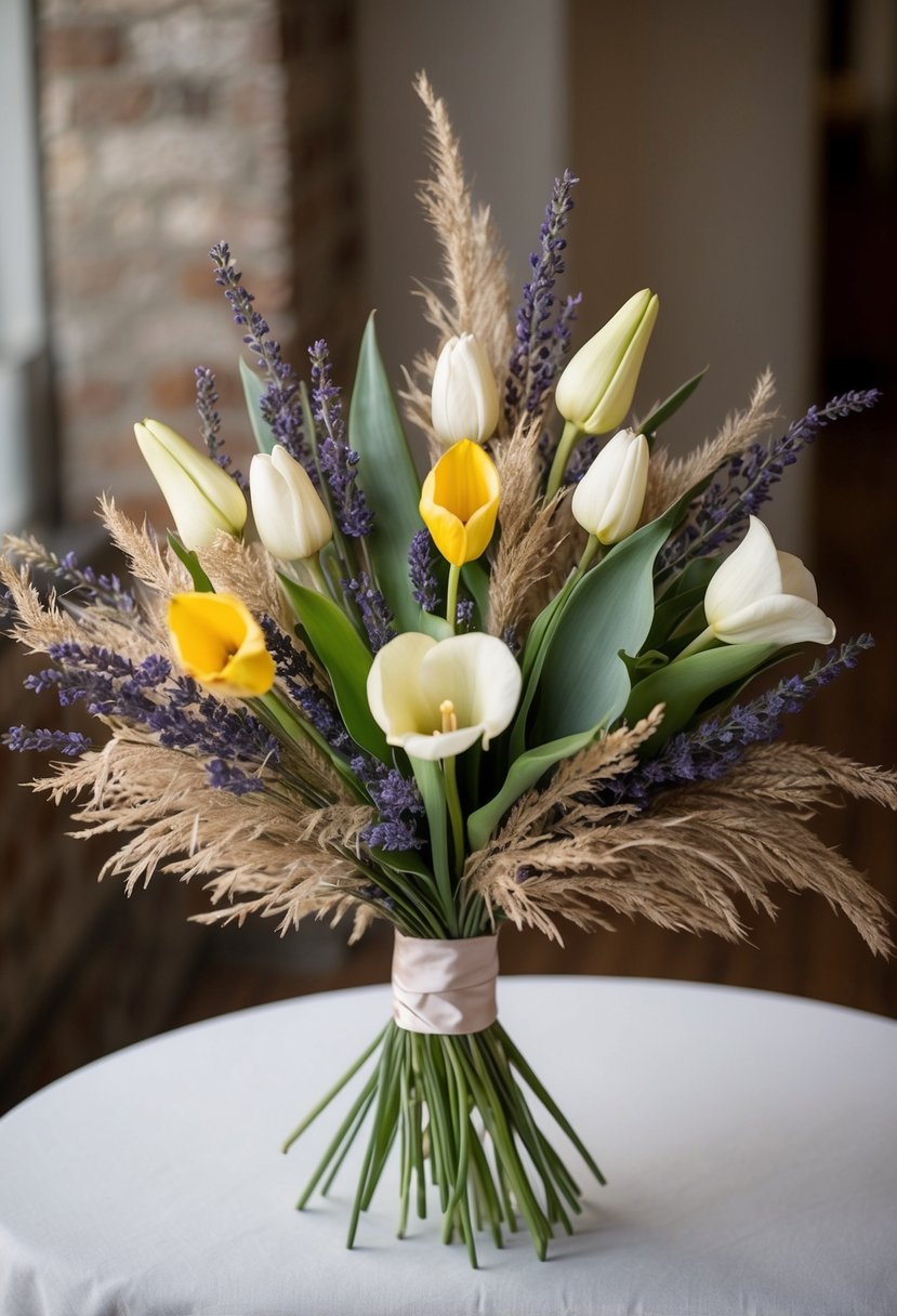 A wedding bouquet with dried lavender, bear grass, tulips, and calla lilies