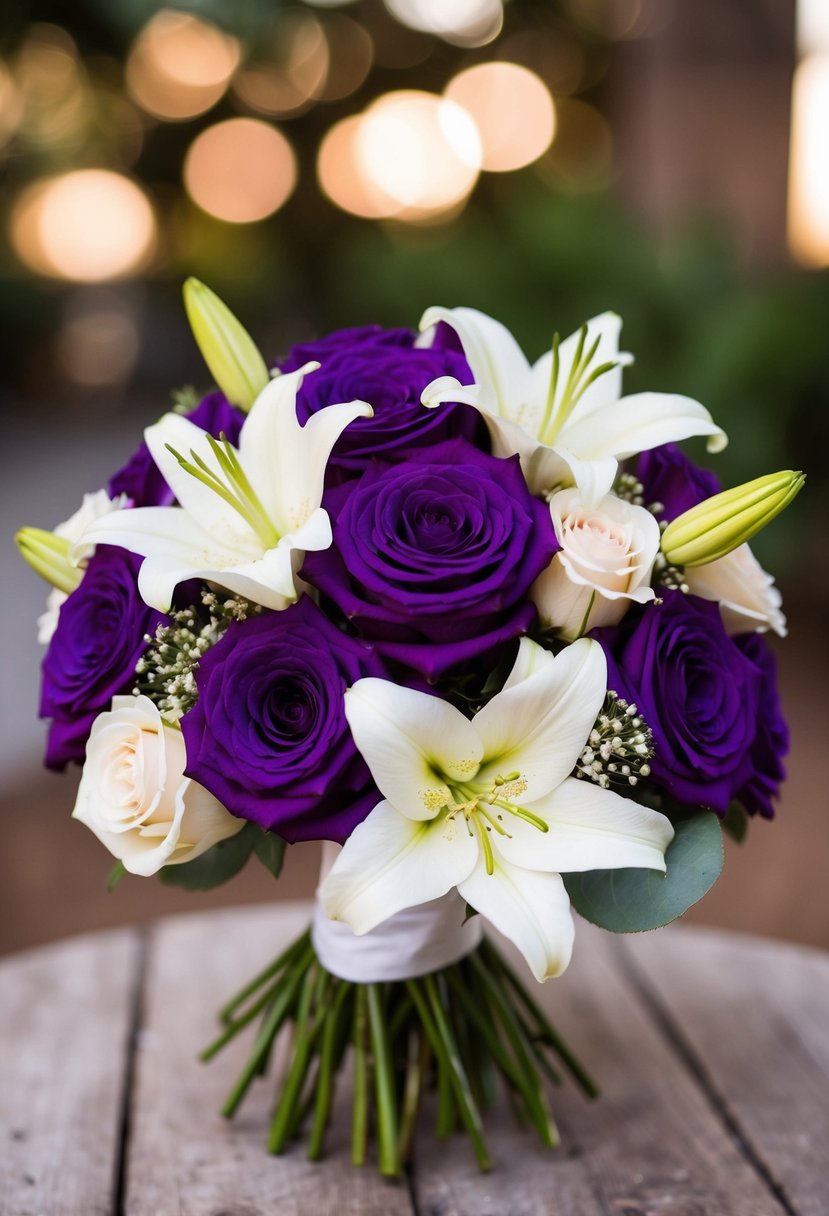 A luscious purple and white wedding bouquet with roses and lilies