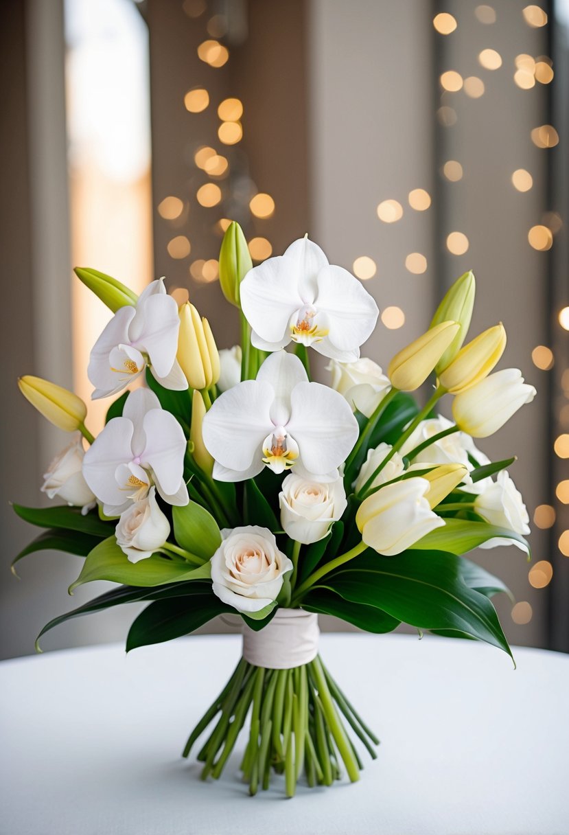 A modern wedding bouquet featuring Phalaenopsis orchids, calla lilies, and tulips in a delicate and elegant arrangement