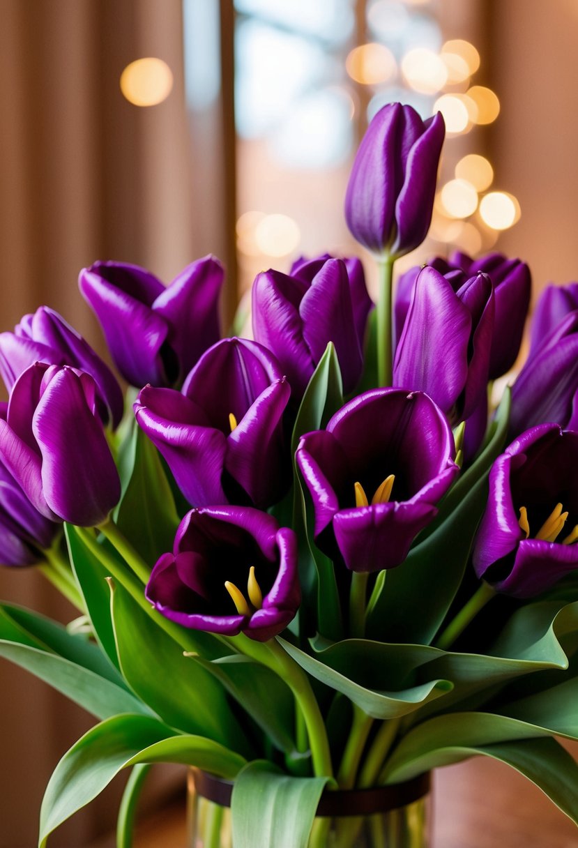 Vibrant purple tulips and calla lilies arranged in a wedding bouquet