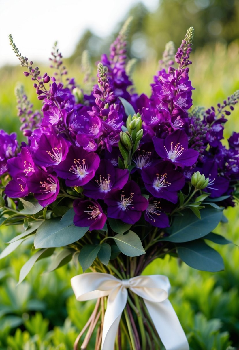 A lush bouquet of deep purple stock blossoms and delicate greenery, tied with a satin ribbon