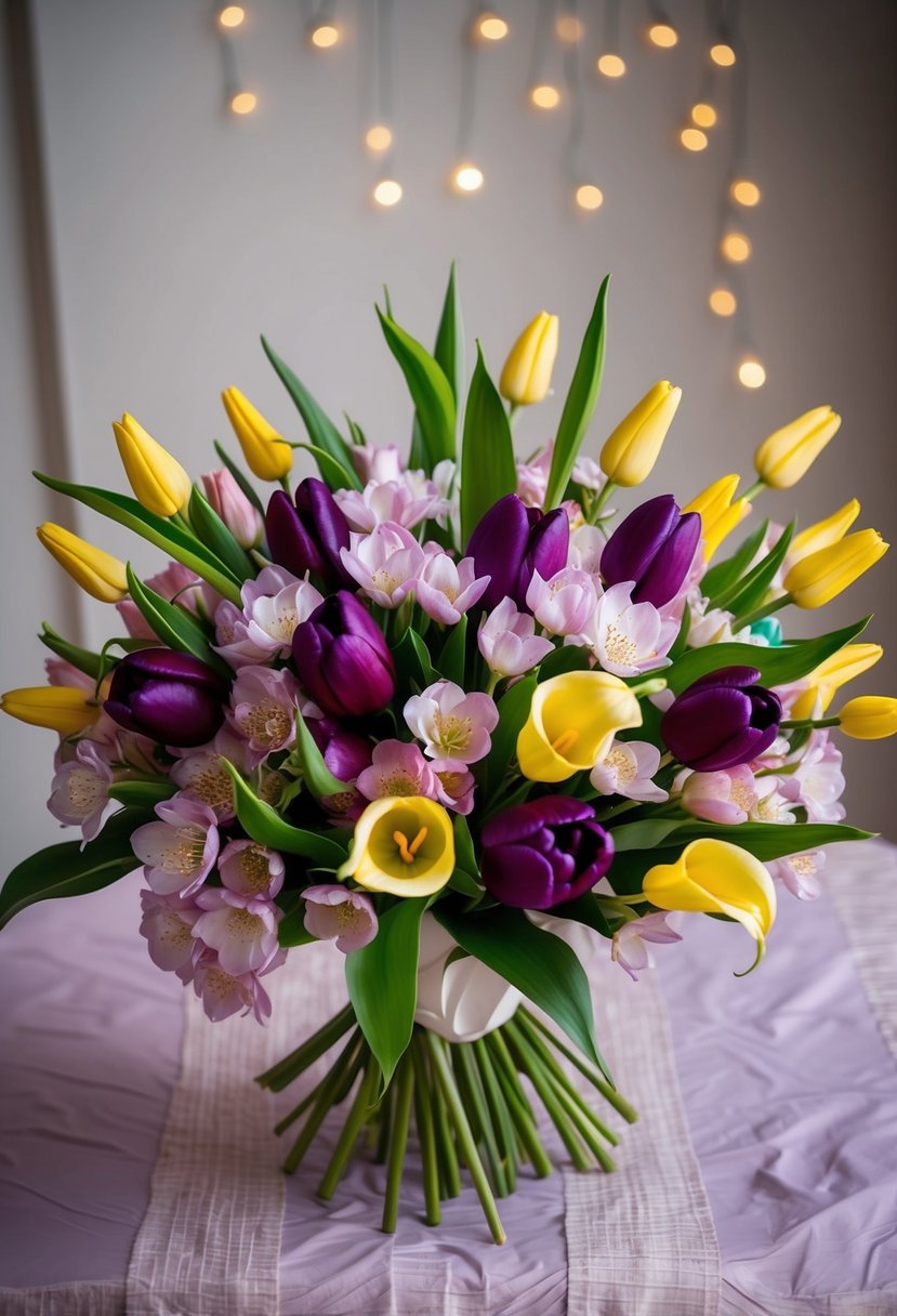 A vibrant bouquet of plum blossoms, tulips, and calla lilies arranged in a real touch silk material, perfect for a wedding celebration