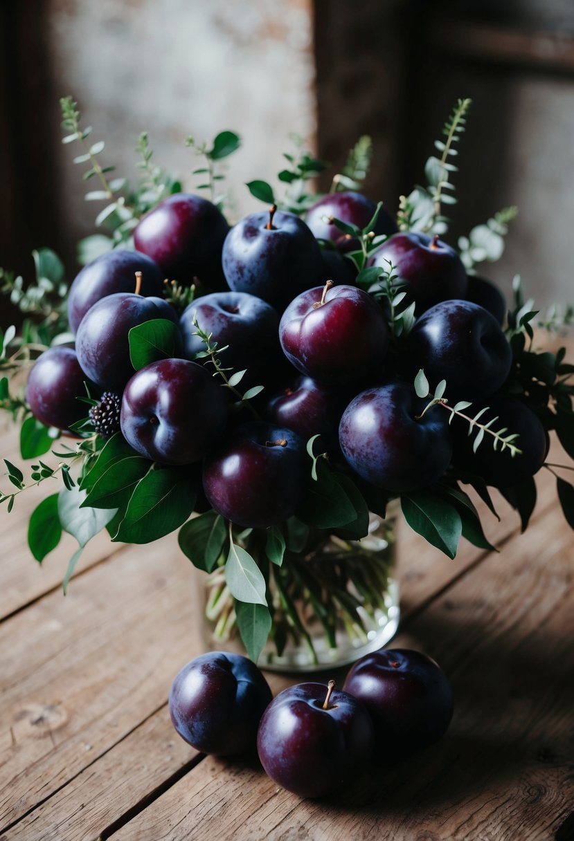 A lush bouquet of deep purple plums, accented with delicate green foliage, sits on a rustic wooden table