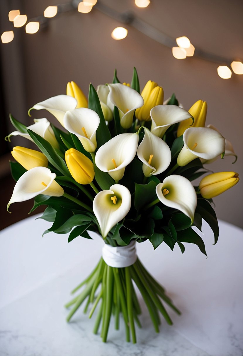 A bouquet of calla lilies and tulips arranged in a simple yet elegant manner, perfect for a wedding