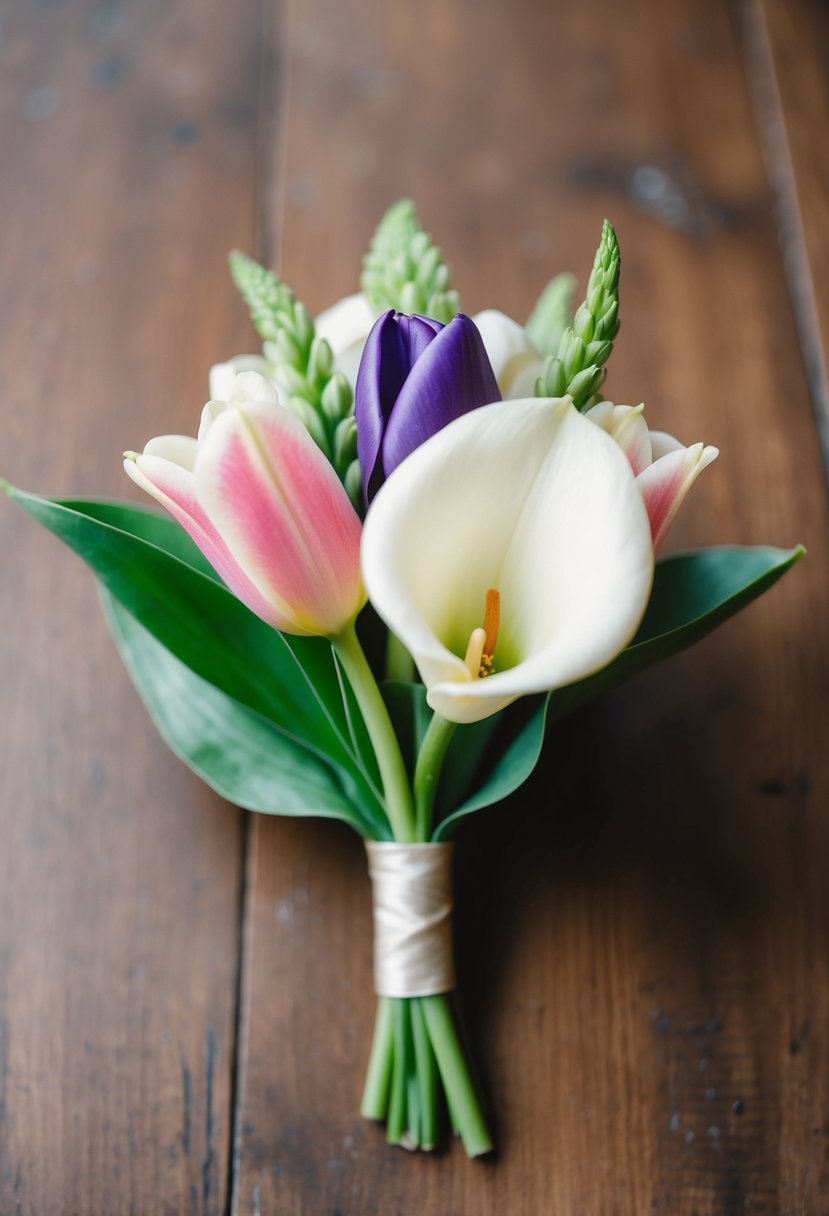 A boutonniere featuring tulips and calla lilies, matching a bridal bouquet