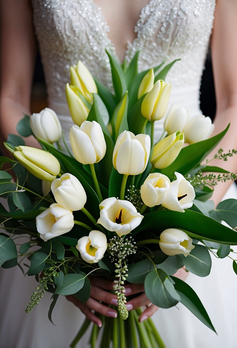 A structured wedding bouquet of tulips and calla lilies, accented with green foliage, arranged in a elegant and symmetrical composition