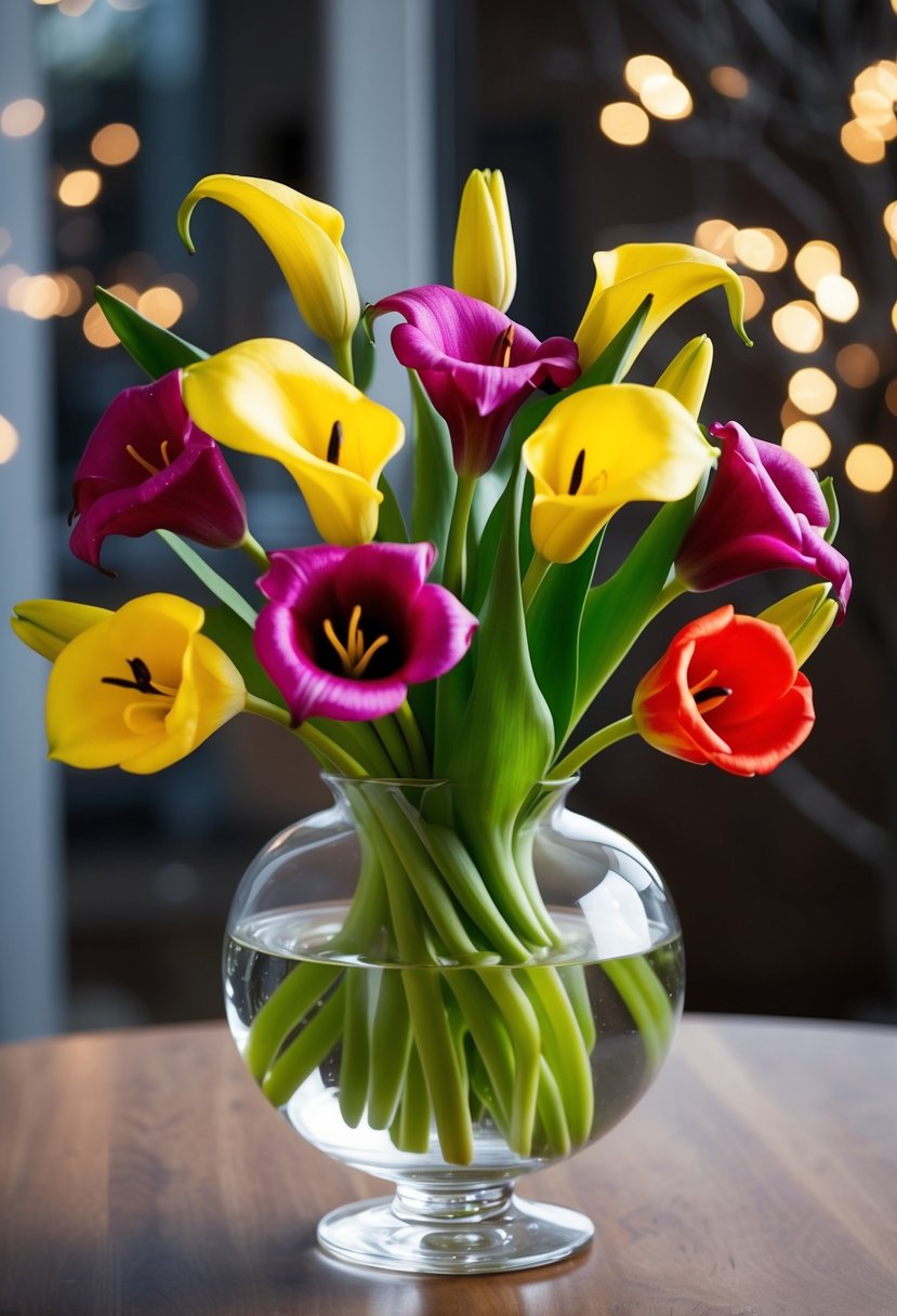 A vibrant bouquet of mini Picasso calla lilies and tulips in a clear glass vase