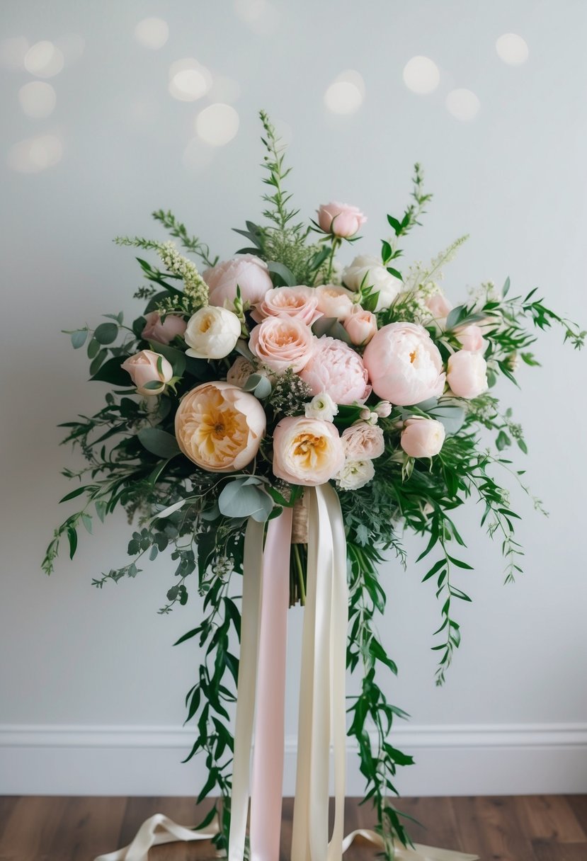 A soft, pastel bouquet of roses, peonies, and greenery arranged in a flowing, cascading style with delicate ribbons trailing down