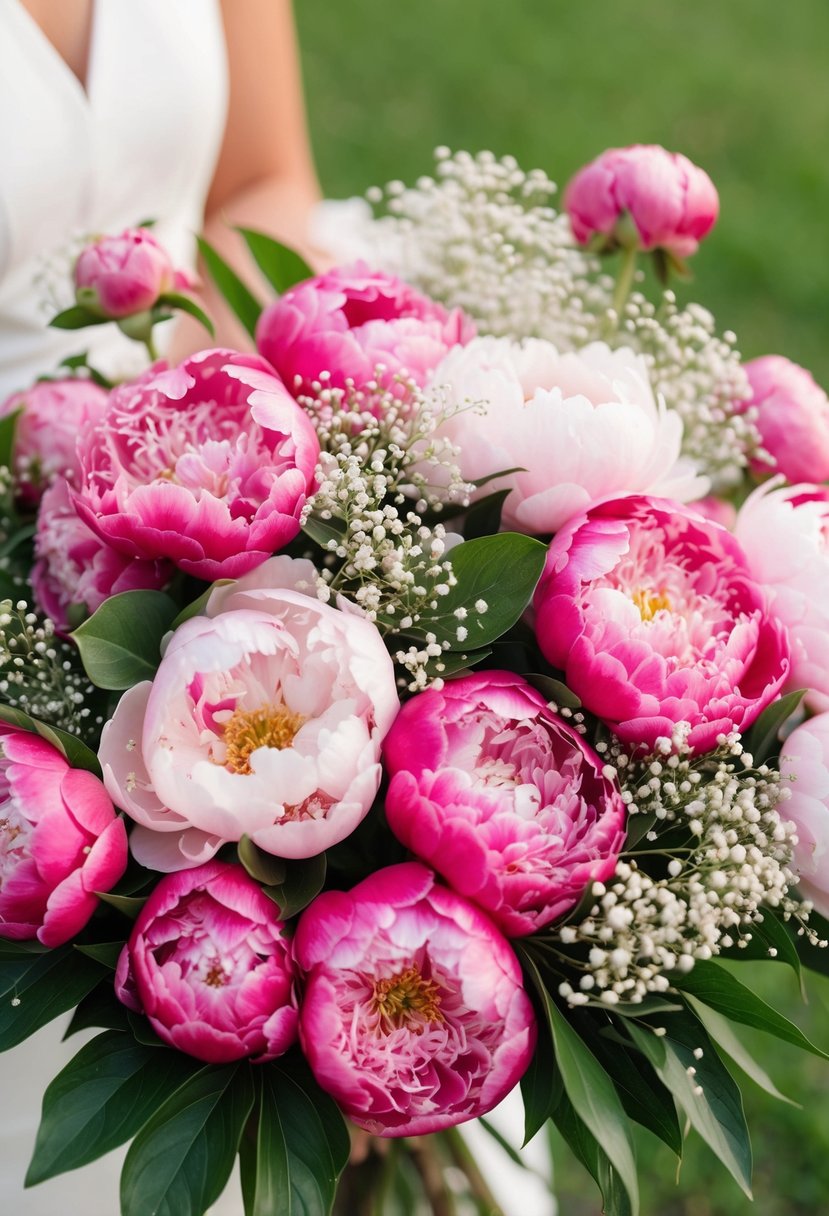 A lush bouquet of pink peonies and delicate baby's breath