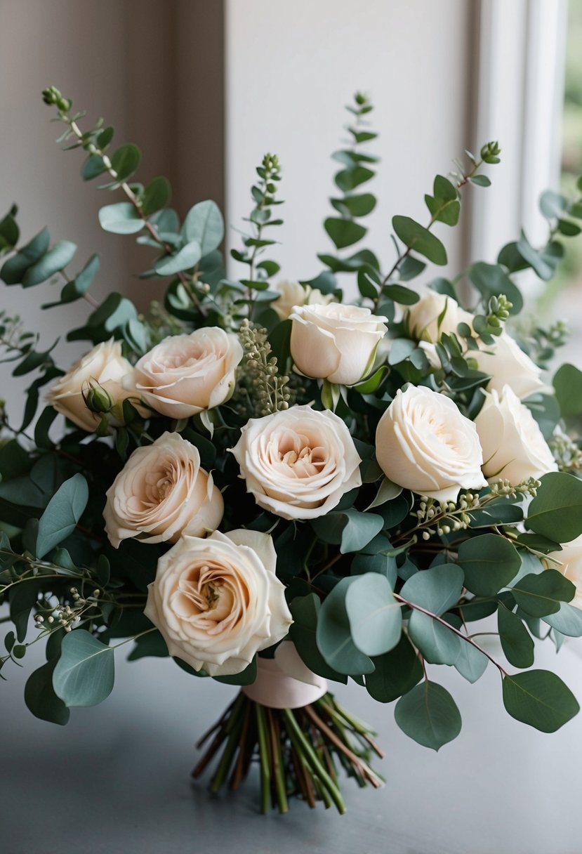 A lush bouquet of garden roses and eucalyptus arranged in a romantic and elegant style