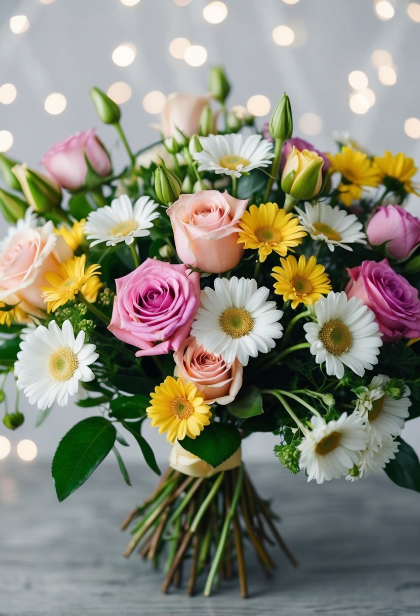 A beautiful bouquet of mixed roses and daisies arranged in a romantic and elegant style