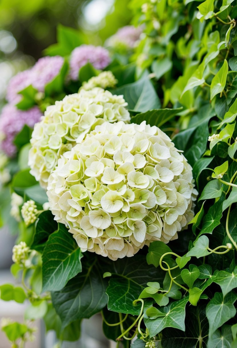 A lush bouquet of hydrangeas intertwined with delicate ivy vines