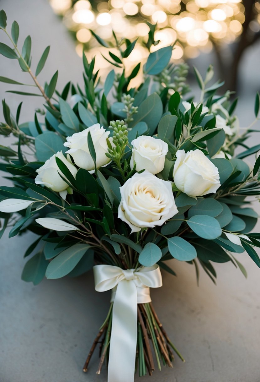 A lush bouquet of olive branches, eucalyptus, and white roses tied with a silk ribbon