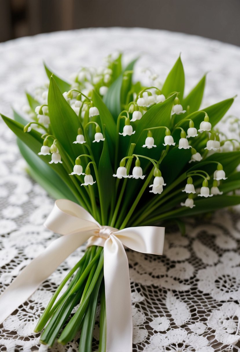 A delicate bouquet of Lily of the Valley, tied with a satin ribbon, rests on a vintage lace tablecloth