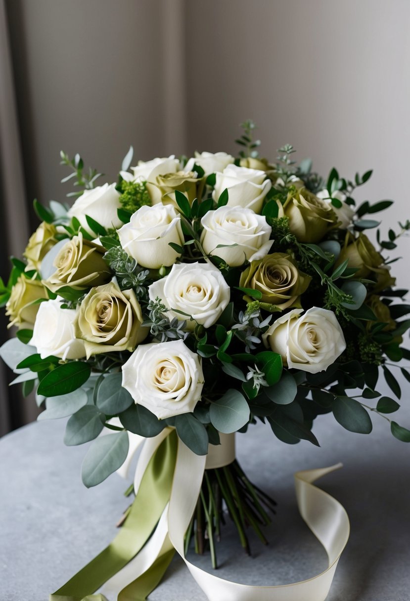 A bouquet of olive and white roses arranged in a classic style, with lush greenery and delicate ribbons