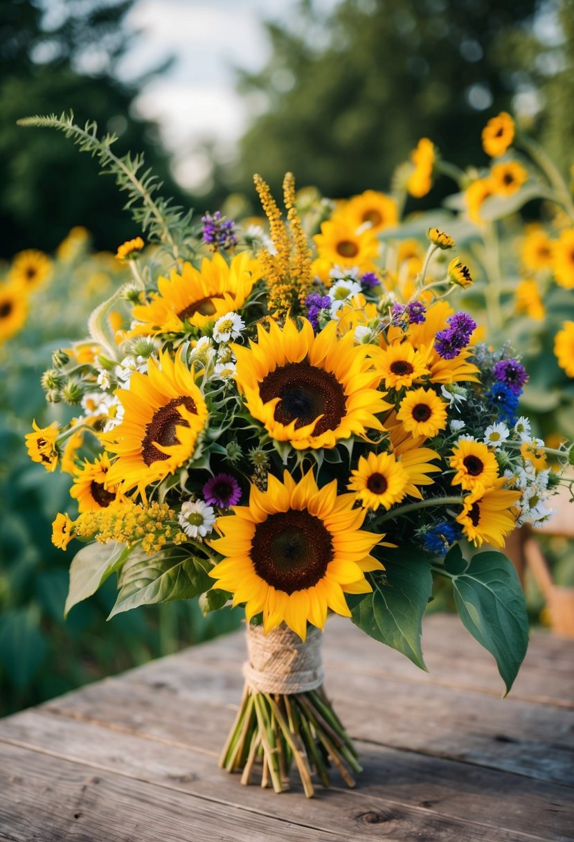 A vibrant bouquet of sunflowers and wildflowers arranged in a rustic, romantic style