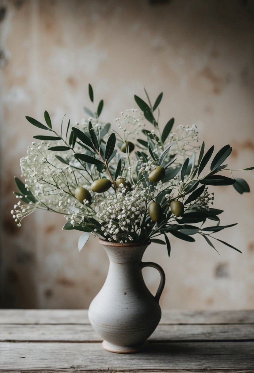 A rustic olive and baby's breath arrangement in a simple vase on a weathered wooden table