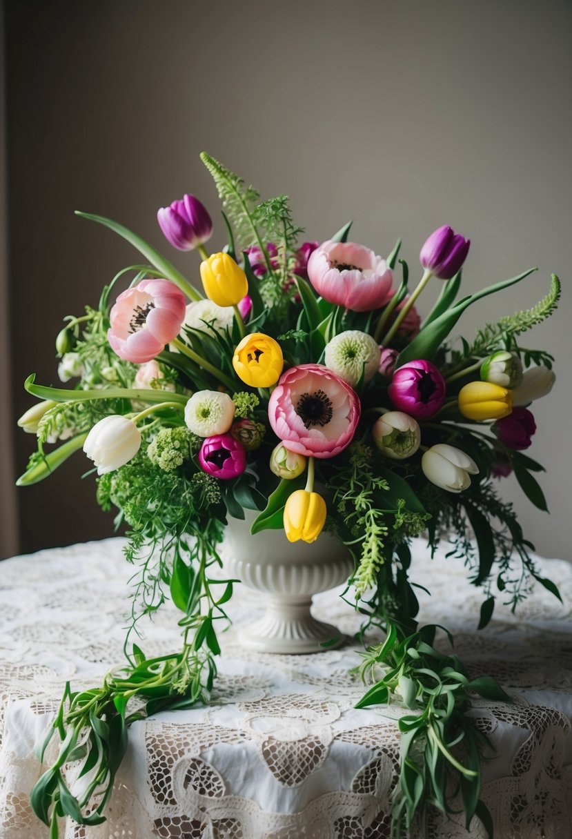 A lush bouquet of vibrant ranunculus and delicate tulips, intertwined with trailing greenery, sits atop a vintage lace tablecloth