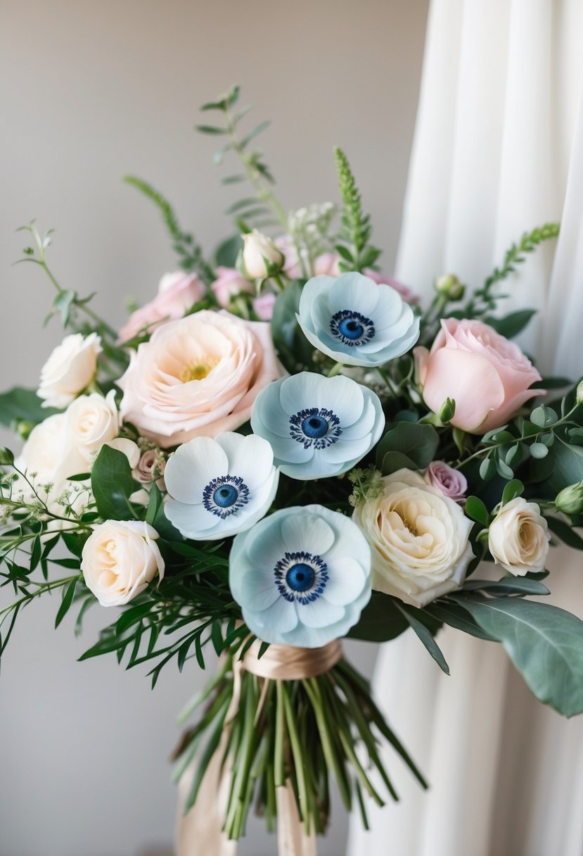 A delicate bouquet of pastel-colored anemones, roses, and greenery arranged in a flowing, romantic style