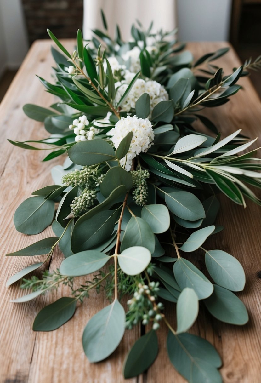 A rustic wooden table adorned with a lush bouquet of organic olive branches and eucalyptus leaves, accented with delicate white flowers