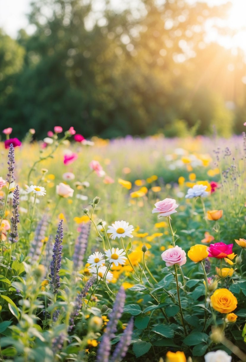 A lush meadow of colorful wildflowers, including roses, daisies, and lavender, with a soft, warm sunlight filtering through the trees